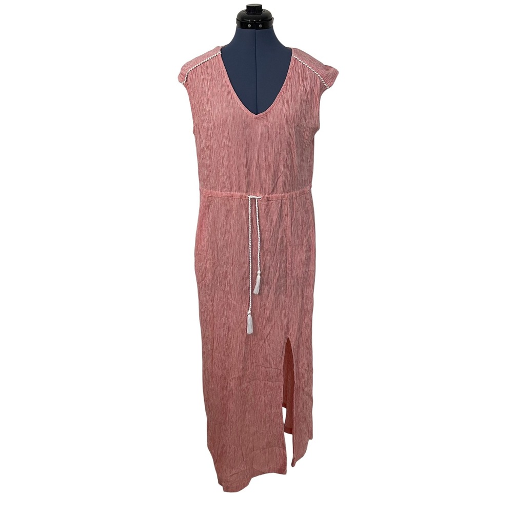 J.Crew Red White Pinstripe Cotton Gauze Maxi Dress Drawstring Waist Beach XS